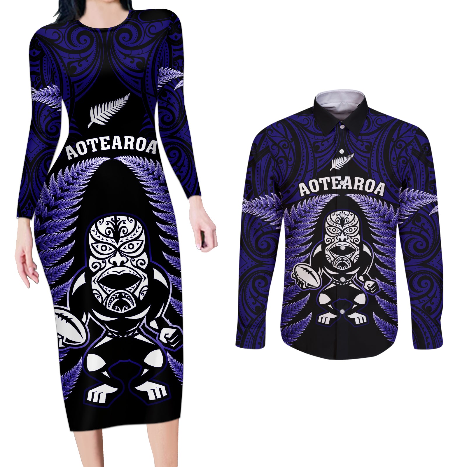 new-zealand-aotearoa-rugby-couples-matching-long-sleeve-bodycon-dress-and-long-sleeve-button-shirts-nz-tiki-with-maori-fern-world-cup-blue-version