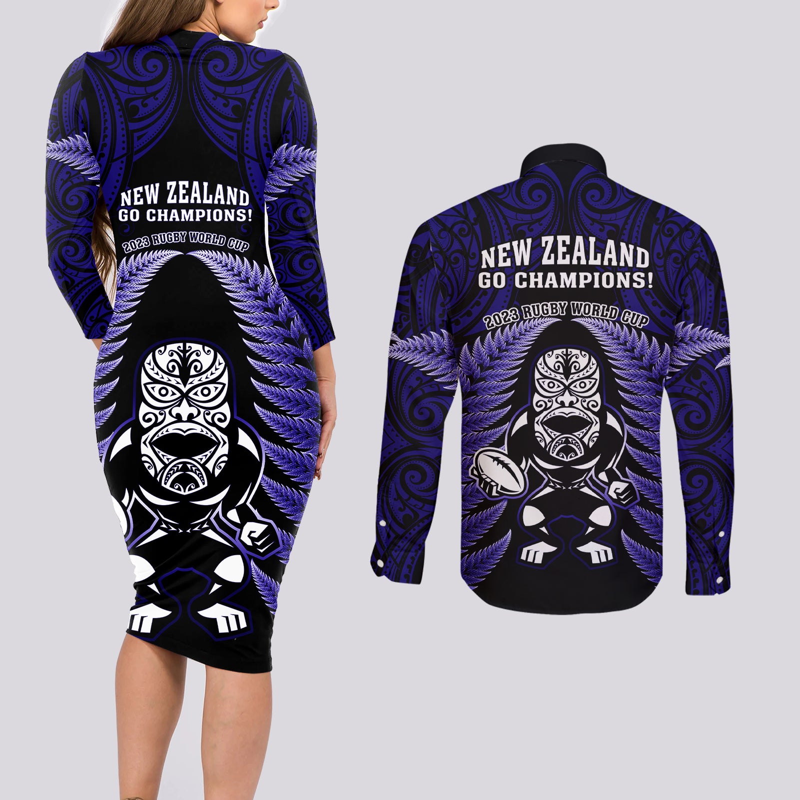 new-zealand-aotearoa-rugby-couples-matching-long-sleeve-bodycon-dress-and-long-sleeve-button-shirts-nz-tiki-with-maori-fern-world-cup-blue-version