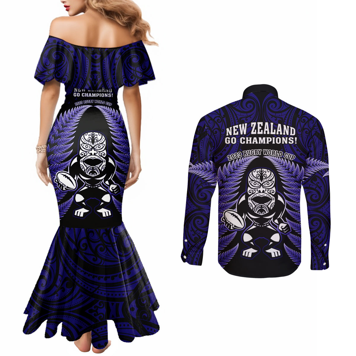 new-zealand-aotearoa-rugby-couples-matching-mermaid-dress-and-long-sleeve-button-shirts-nz-tiki-with-maori-fern-world-cup-blue-version