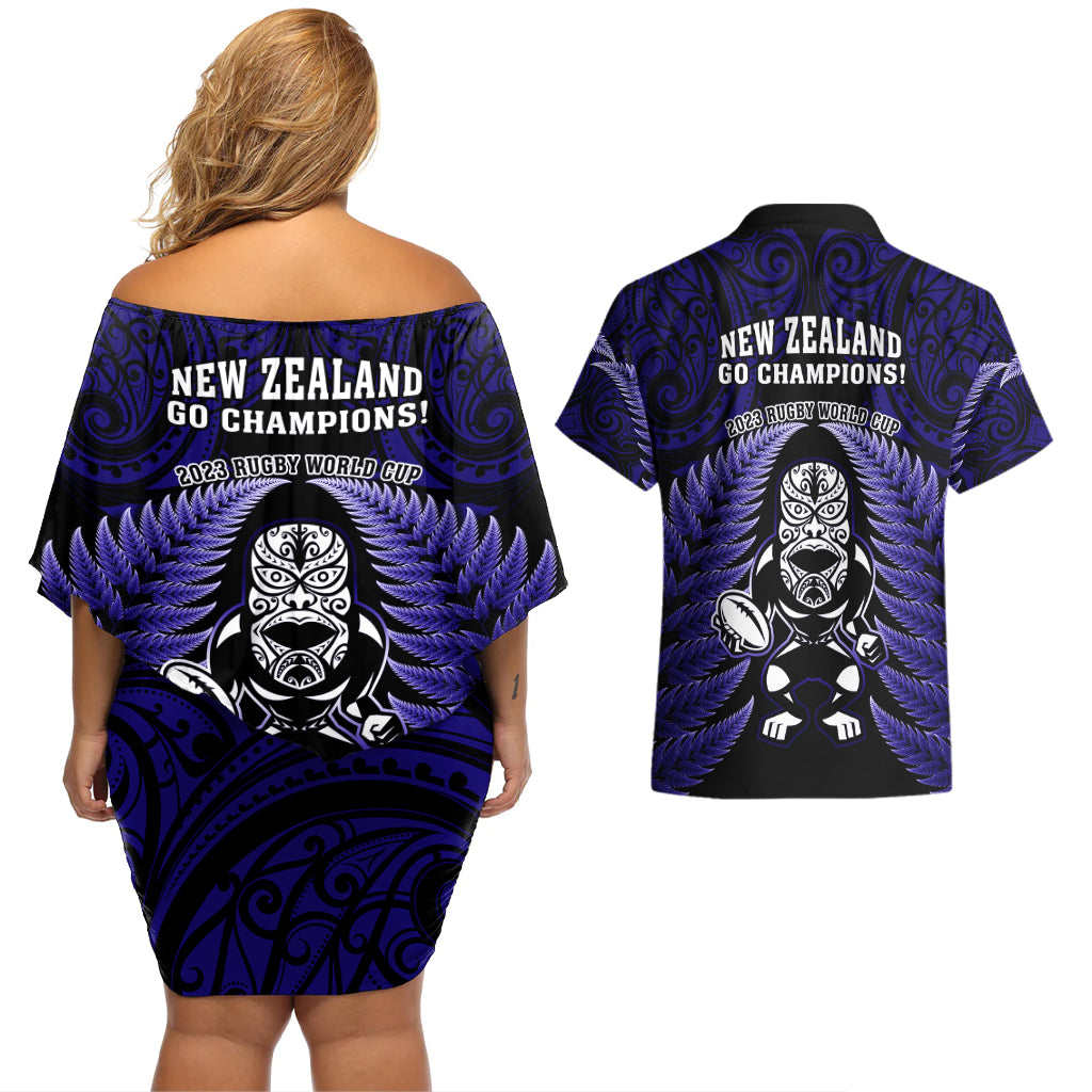 new-zealand-aotearoa-rugby-couples-matching-off-shoulder-short-dress-and-hawaiian-shirt-nz-tiki-with-maori-fern-world-cup-blue-version
