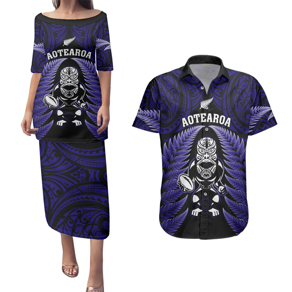 new-zealand-aotearoa-rugby-couples-matching-puletasi-dress-and-hawaiian-shirt-nz-tiki-with-maori-fern-world-cup-blue-version