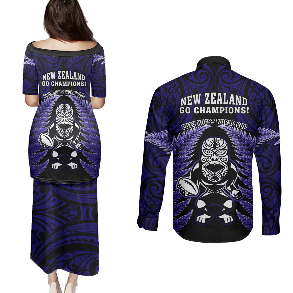 new-zealand-aotearoa-rugby-couples-matching-puletasi-dress-and-long-sleeve-button-shirts-nz-tiki-with-maori-fern-world-cup-blue-version