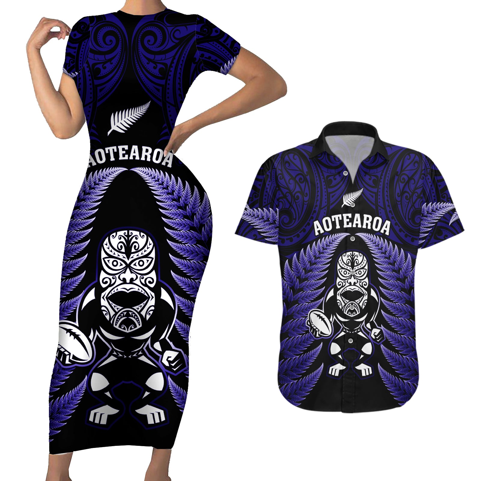 new-zealand-aotearoa-rugby-couples-matching-short-sleeve-bodycon-dress-and-hawaiian-shirt-nz-tiki-with-maori-fern-world-cup-blue-version