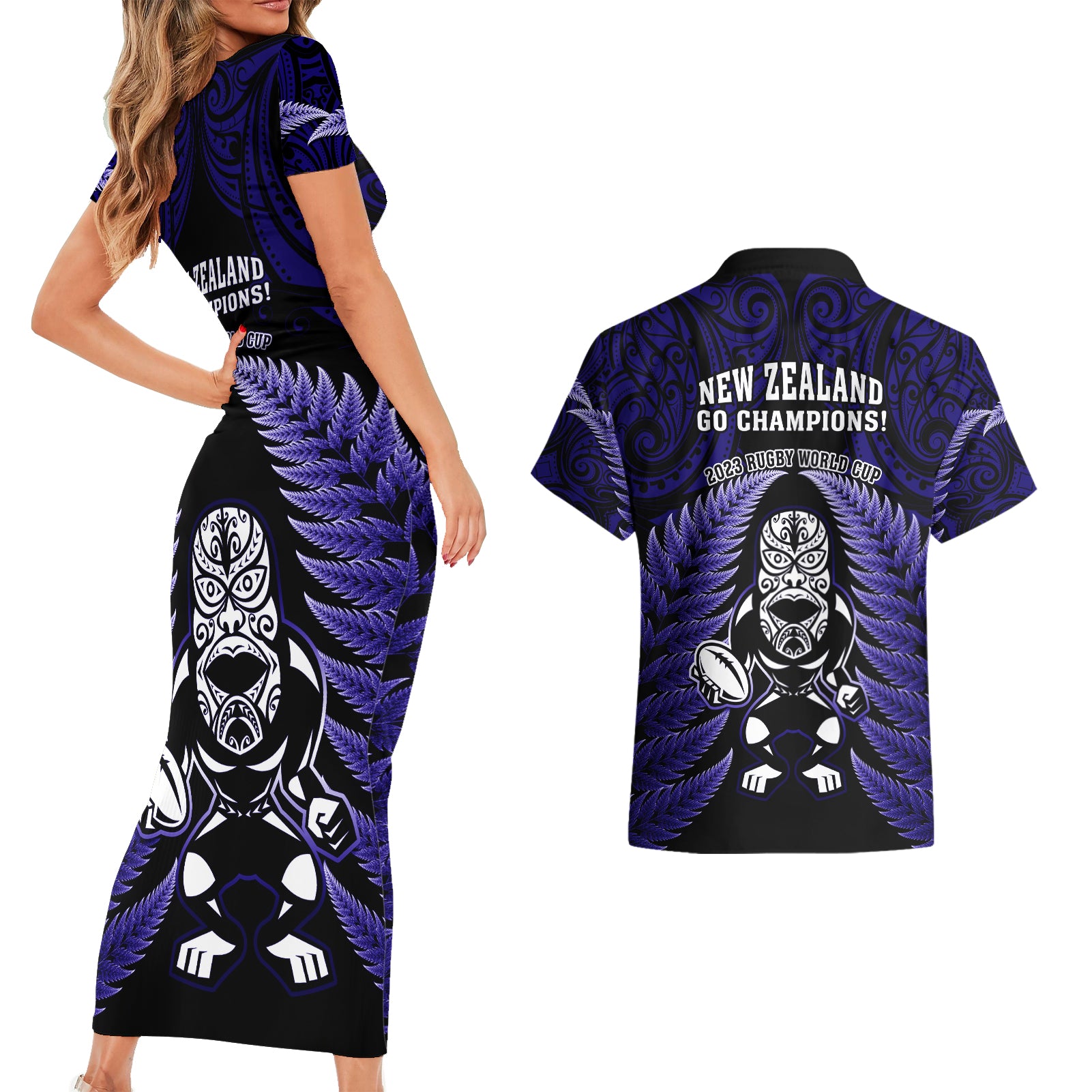 new-zealand-aotearoa-rugby-couples-matching-short-sleeve-bodycon-dress-and-hawaiian-shirt-nz-tiki-with-maori-fern-world-cup-blue-version