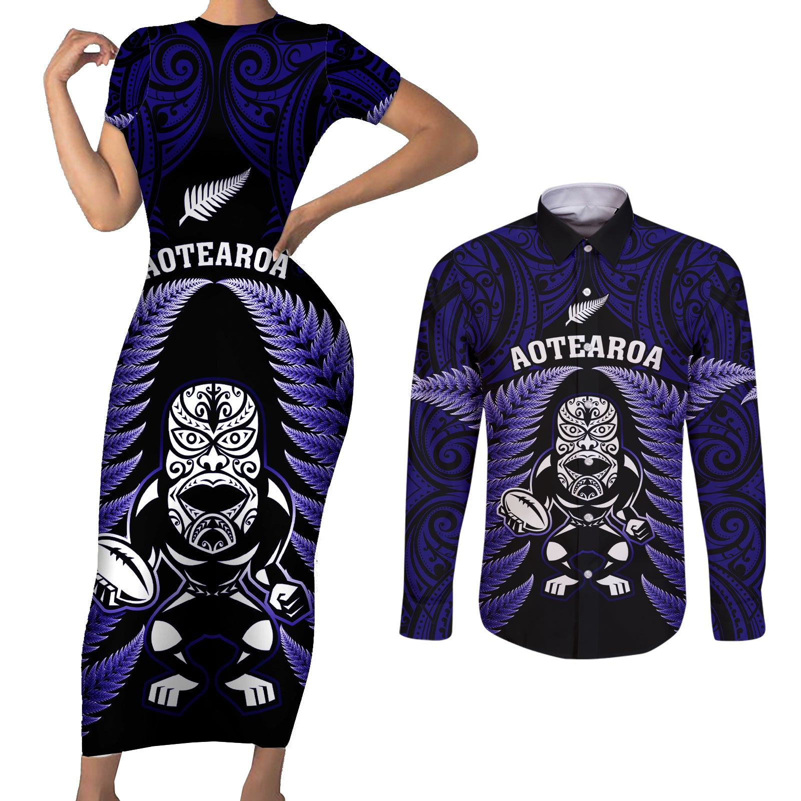 new-zealand-aotearoa-rugby-couples-matching-short-sleeve-bodycon-dress-and-long-sleeve-button-shirts-nz-tiki-with-maori-fern-world-cup-blue-version