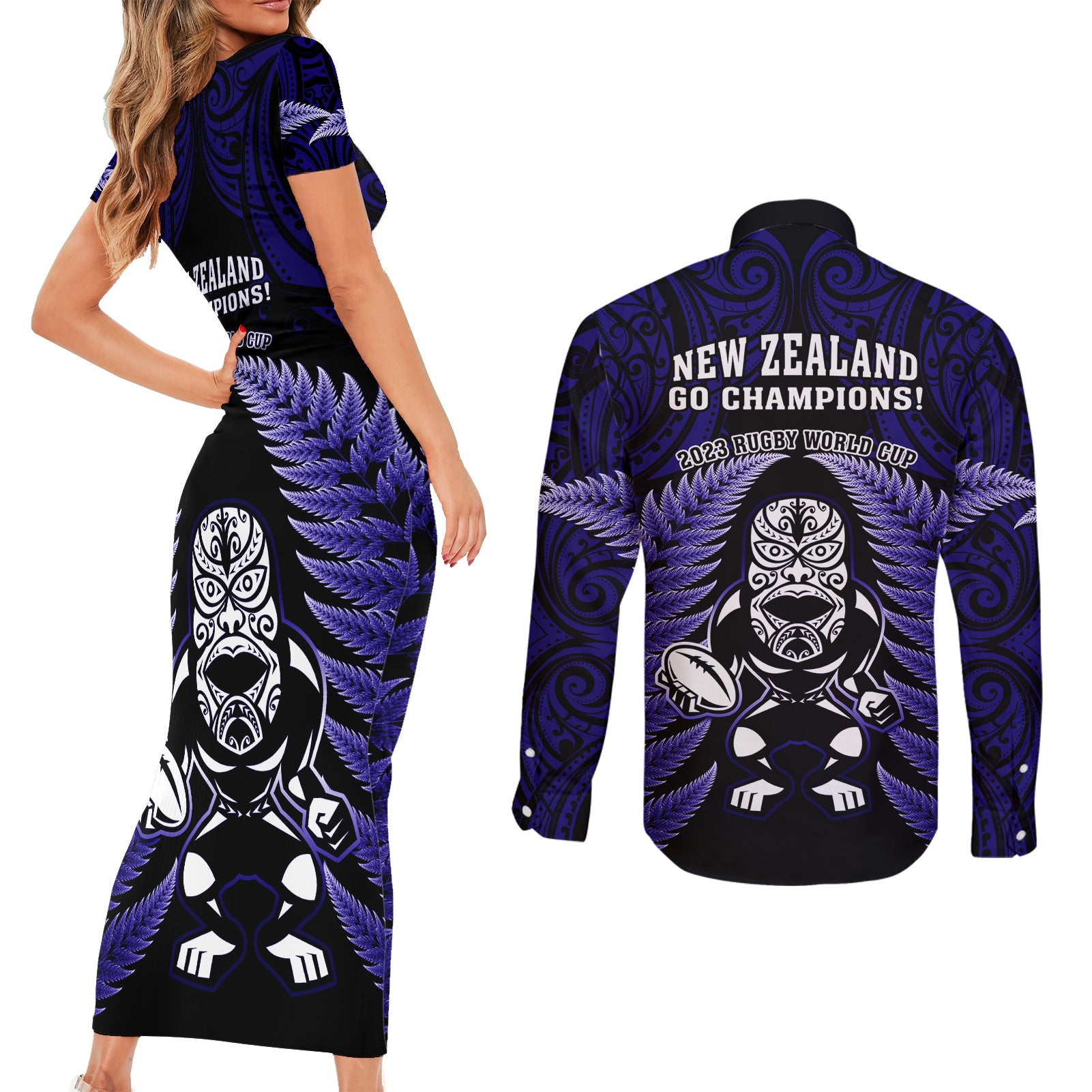new-zealand-aotearoa-rugby-couples-matching-short-sleeve-bodycon-dress-and-long-sleeve-button-shirts-nz-tiki-with-maori-fern-world-cup-blue-version