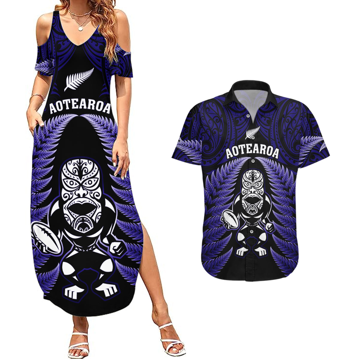 new-zealand-aotearoa-rugby-couples-matching-summer-maxi-dress-and-hawaiian-shirt-nz-tiki-with-maori-fern-world-cup-blue-version