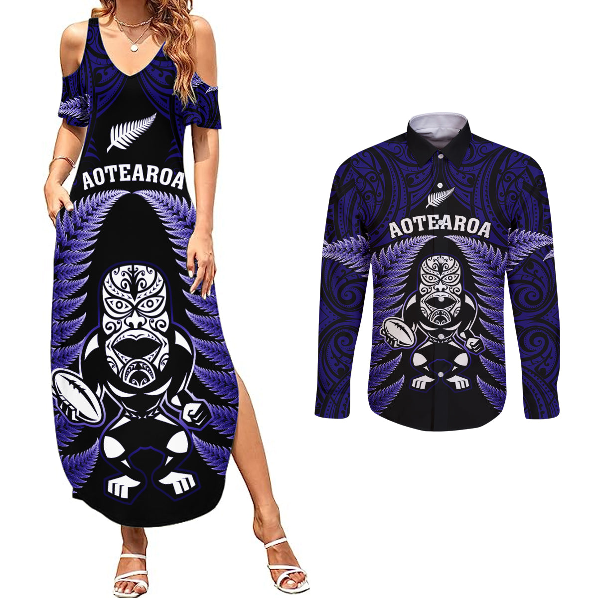 new-zealand-aotearoa-rugby-couples-matching-summer-maxi-dress-and-long-sleeve-button-shirts-nz-tiki-with-maori-fern-world-cup-blue-version
