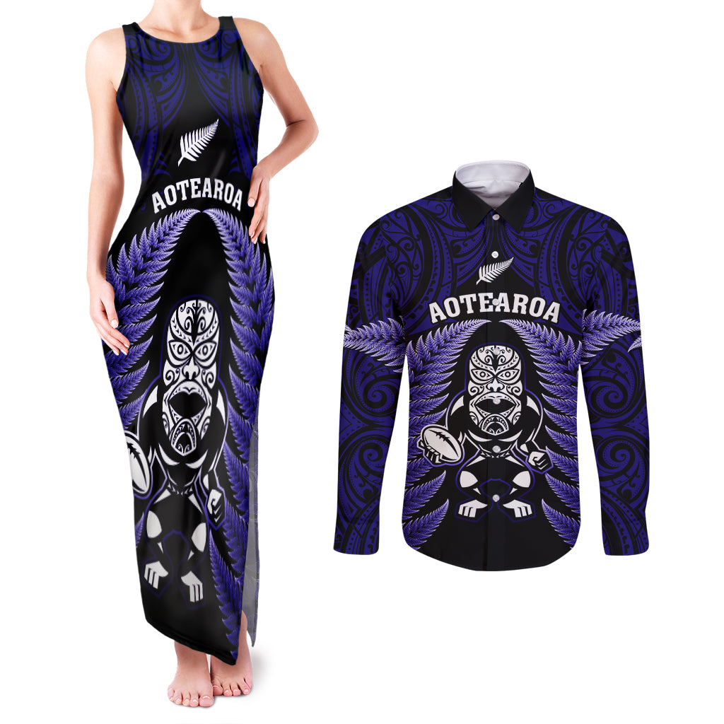 new-zealand-aotearoa-rugby-couples-matching-tank-maxi-dress-and-long-sleeve-button-shirts-nz-tiki-with-maori-fern-world-cup-blue-version