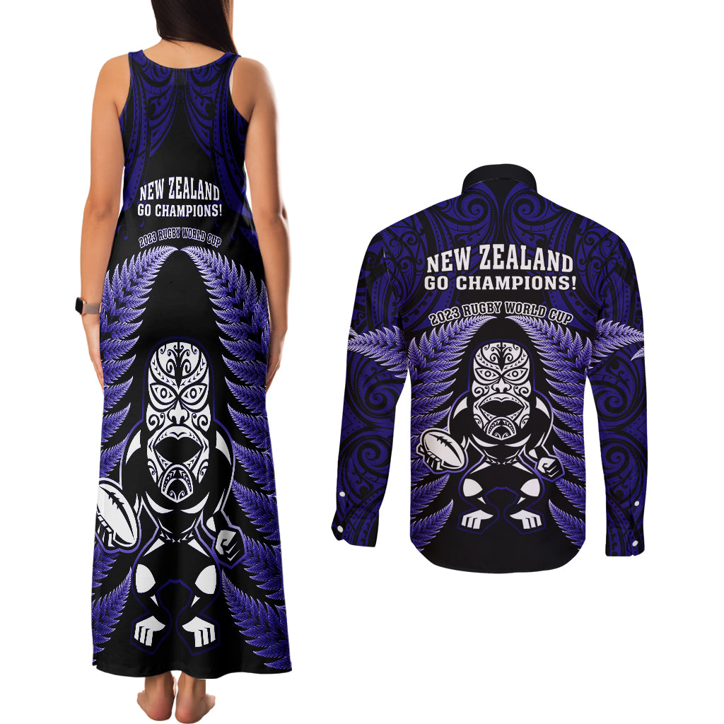 new-zealand-aotearoa-rugby-couples-matching-tank-maxi-dress-and-long-sleeve-button-shirts-nz-tiki-with-maori-fern-world-cup-blue-version