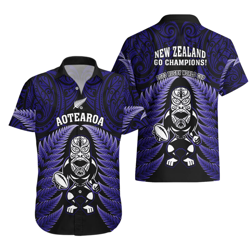 New Zealand Aotearoa Rugby Hawaiian Shirt NZ Tiki With Maori Fern World Cup Blue Version - Vibe Hoodie Shop