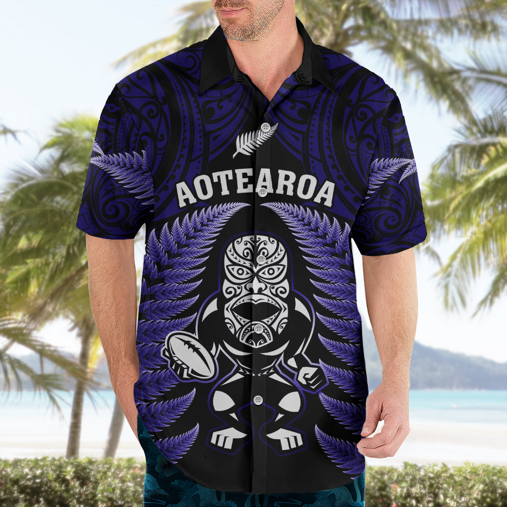 New Zealand Aotearoa Rugby Hawaiian Shirt NZ Tiki With Maori Fern World Cup Blue Version - Vibe Hoodie Shop