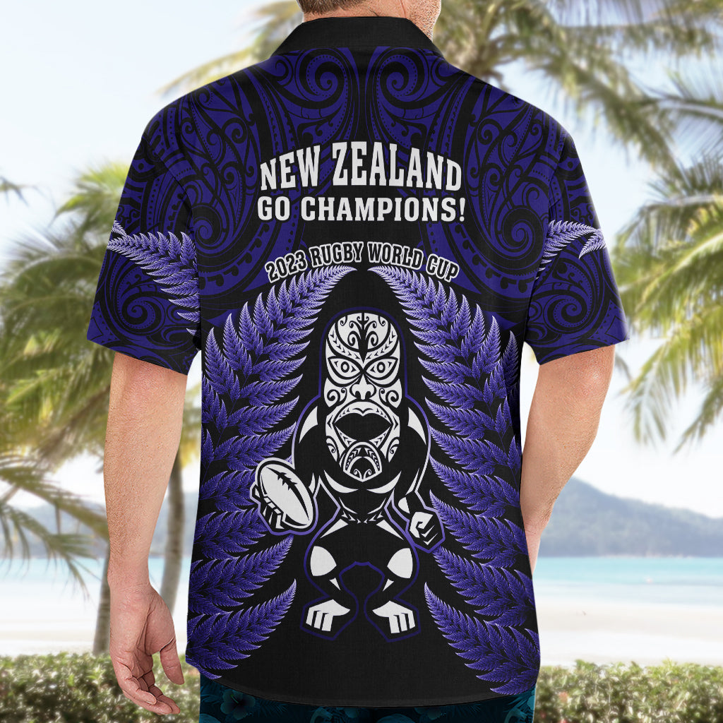 New Zealand Aotearoa Rugby Hawaiian Shirt NZ Tiki With Maori Fern World Cup Blue Version - Vibe Hoodie Shop