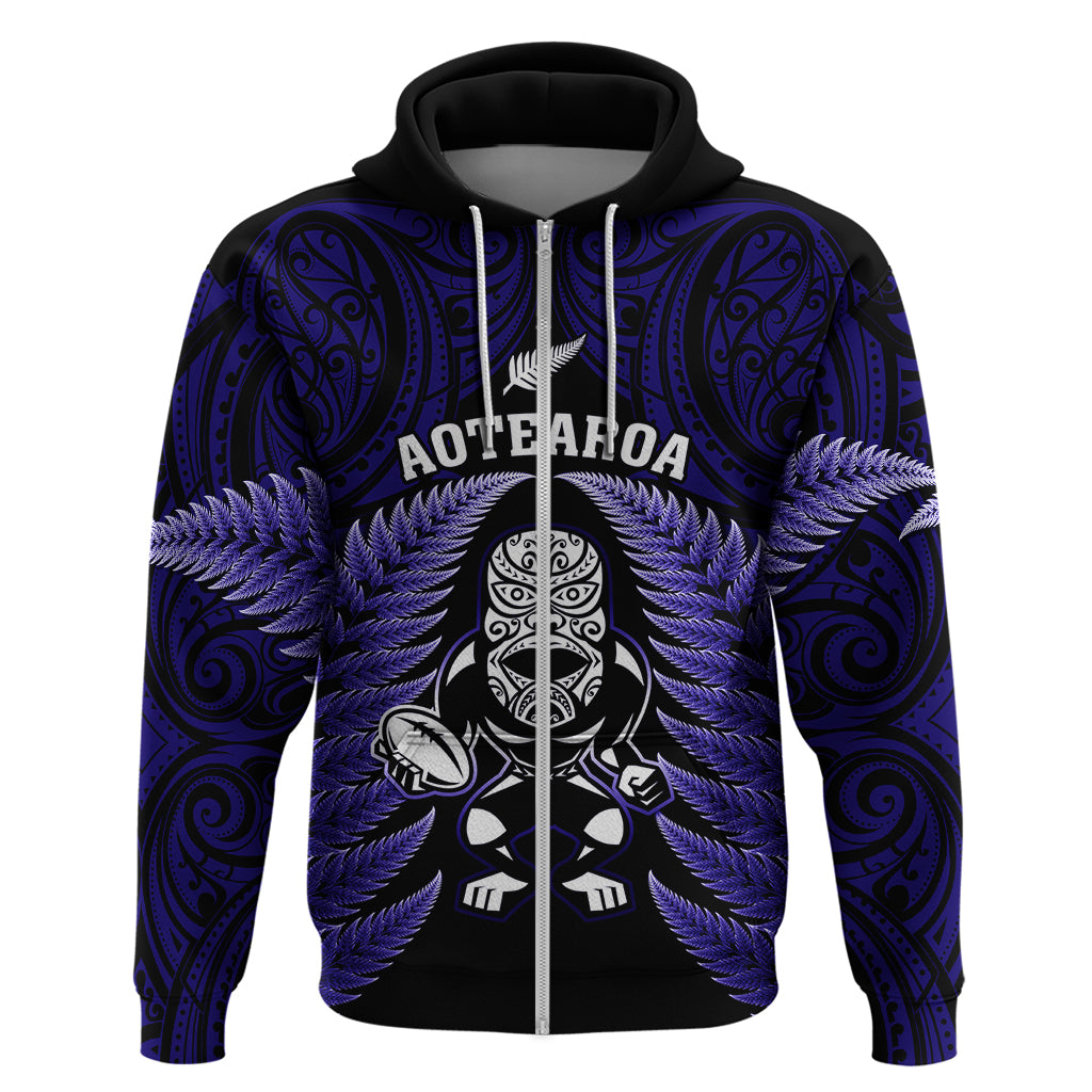 New Zealand Aotearoa Rugby Hoodie NZ Tiki With Maori Fern World Cup Blue Version - Vibe Hoodie Shop