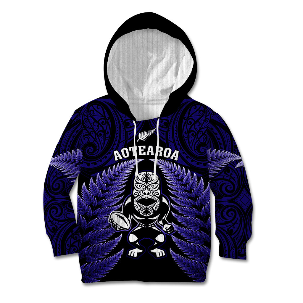 New Zealand Aotearoa Rugby Kid Hoodie NZ Tiki With Maori Fern World Cup Blue Version - Vibe Hoodie Shop
