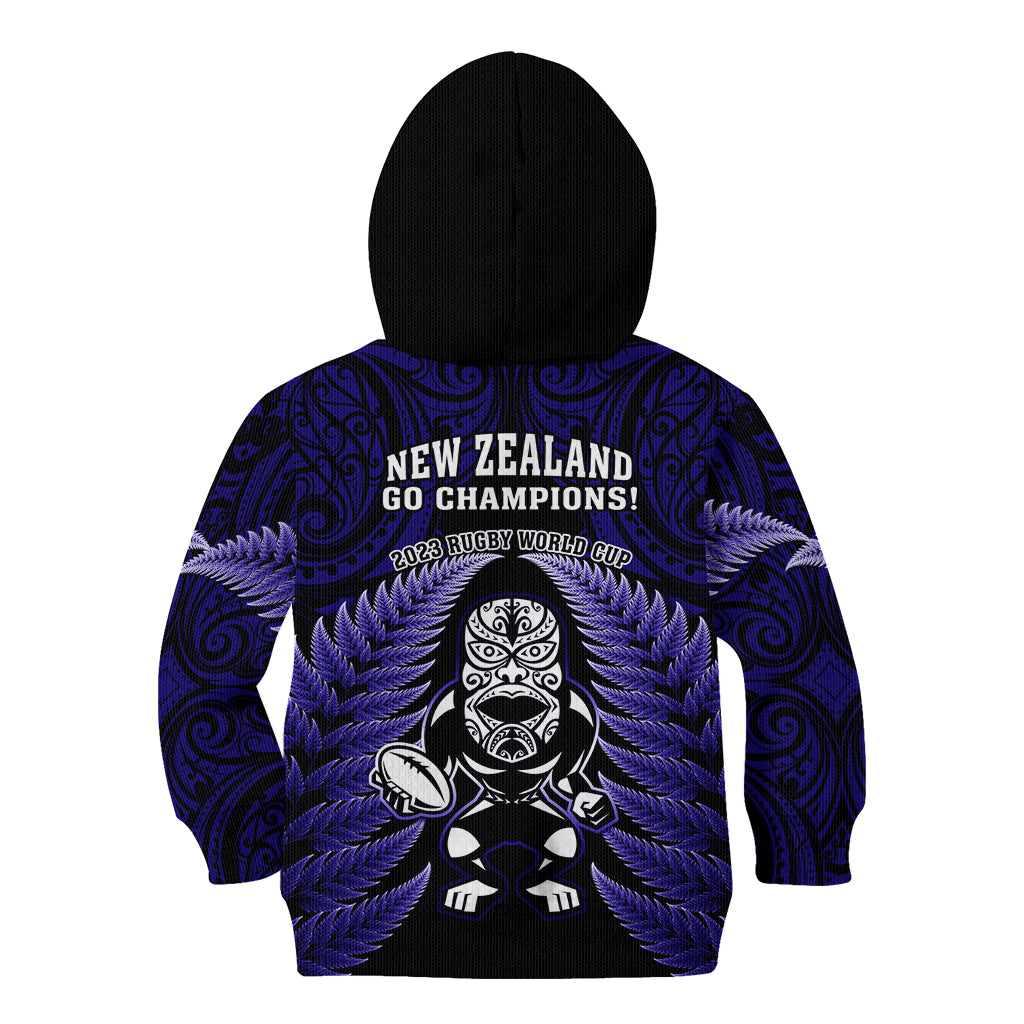 New Zealand Aotearoa Rugby Kid Hoodie NZ Tiki With Maori Fern World Cup Blue Version - Vibe Hoodie Shop