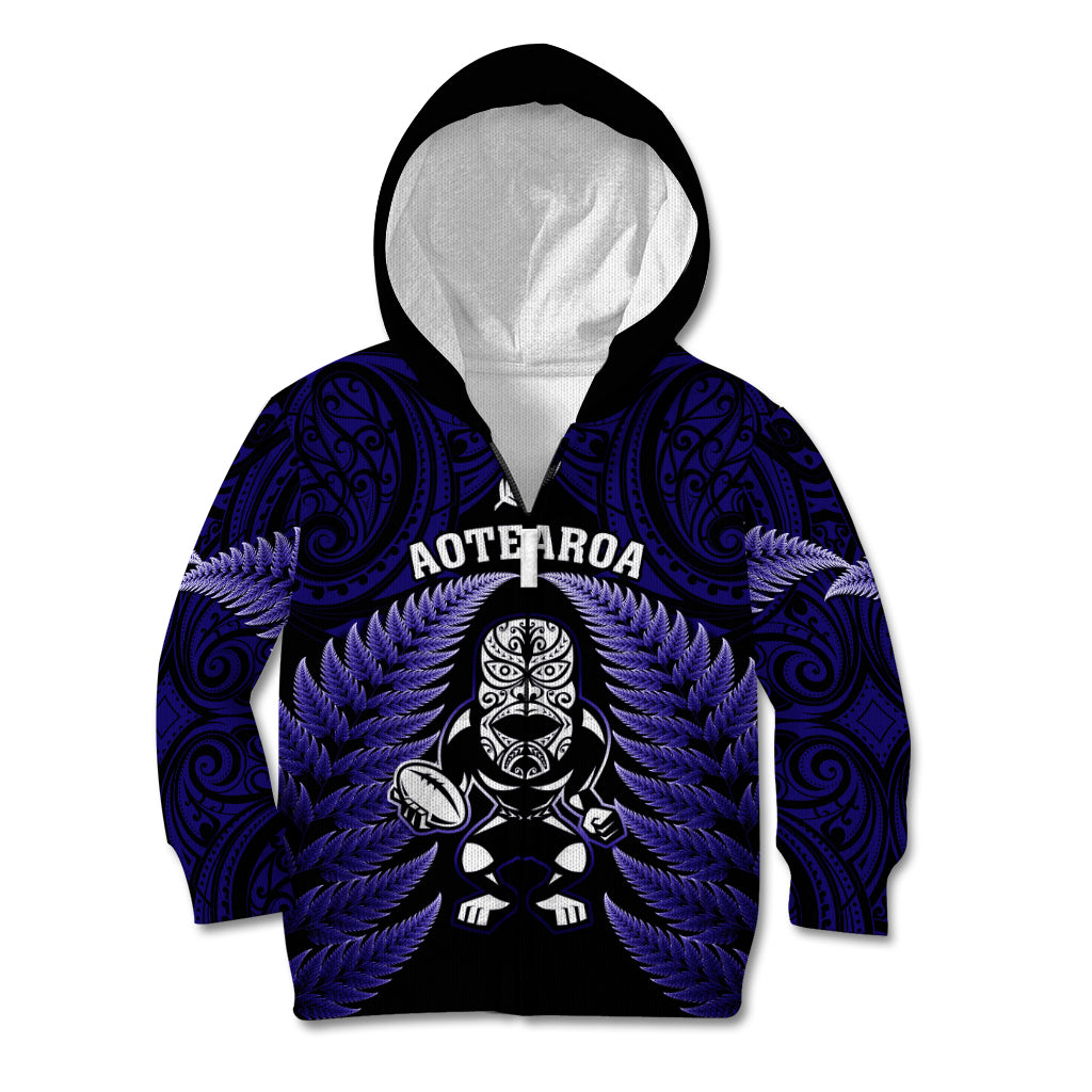 New Zealand Aotearoa Rugby Kid Hoodie NZ Tiki With Maori Fern World Cup Blue Version - Vibe Hoodie Shop