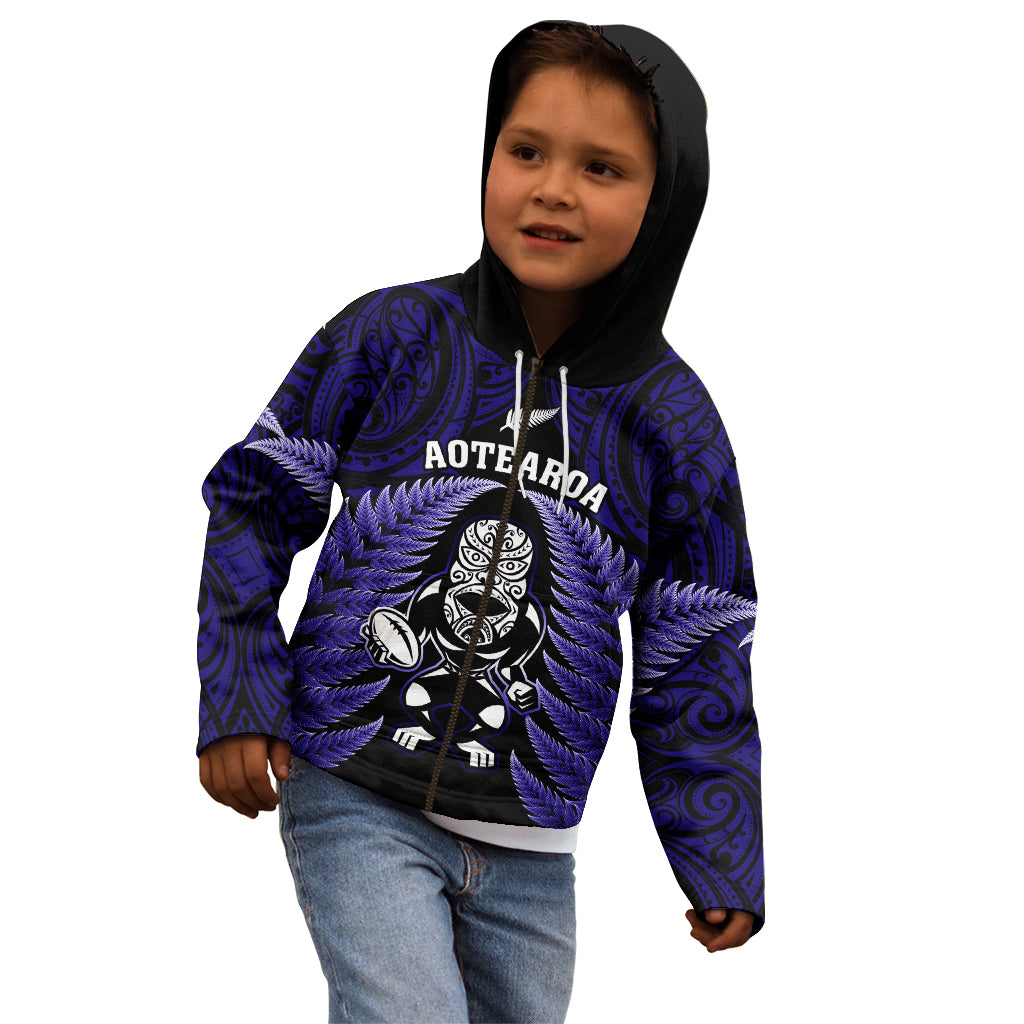 New Zealand Aotearoa Rugby Kid Hoodie NZ Tiki With Maori Fern World Cup Blue Version - Vibe Hoodie Shop