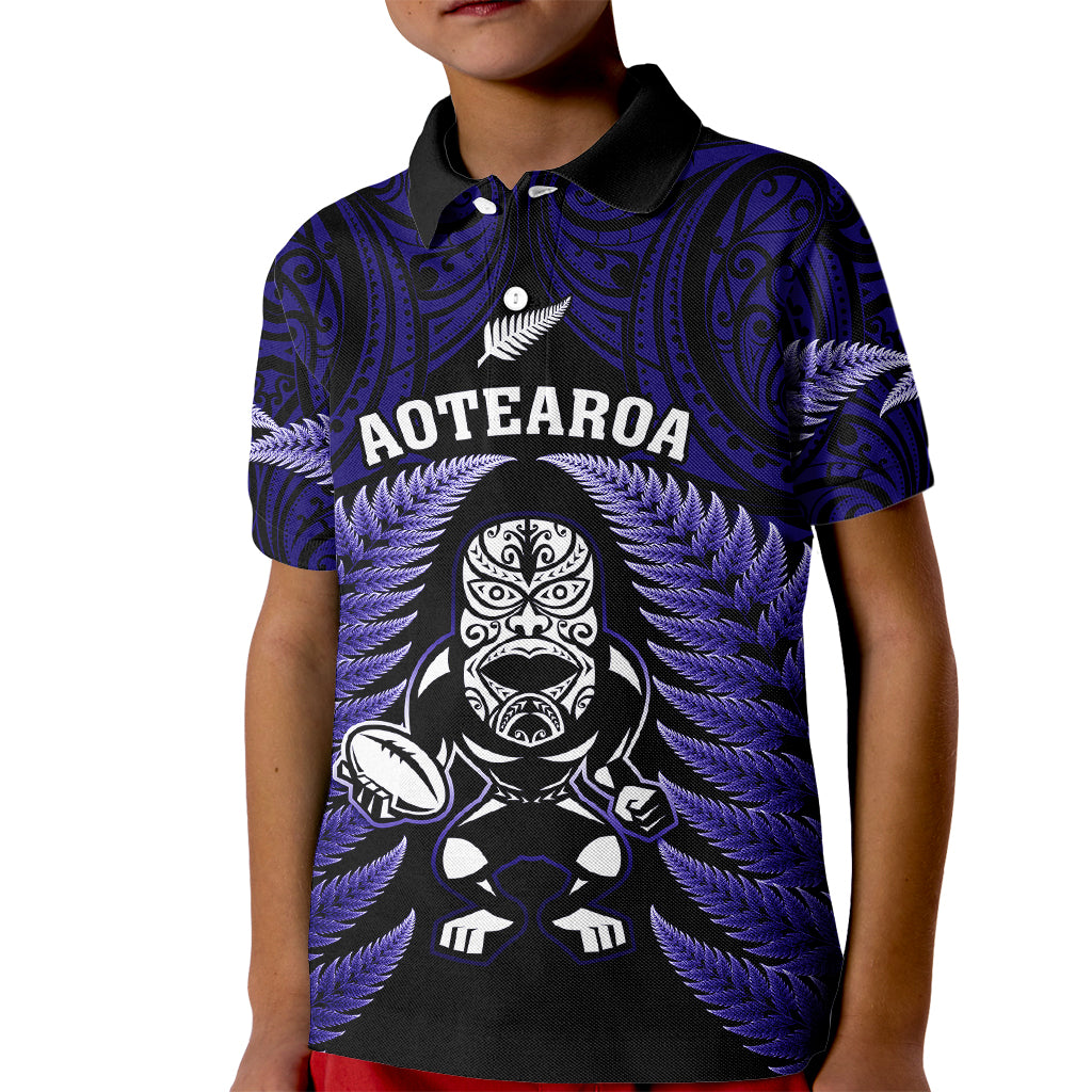 New Zealand Aotearoa Rugby Kid Polo Shirt NZ Tiki With Maori Fern World Cup Blue Version - Vibe Hoodie Shop
