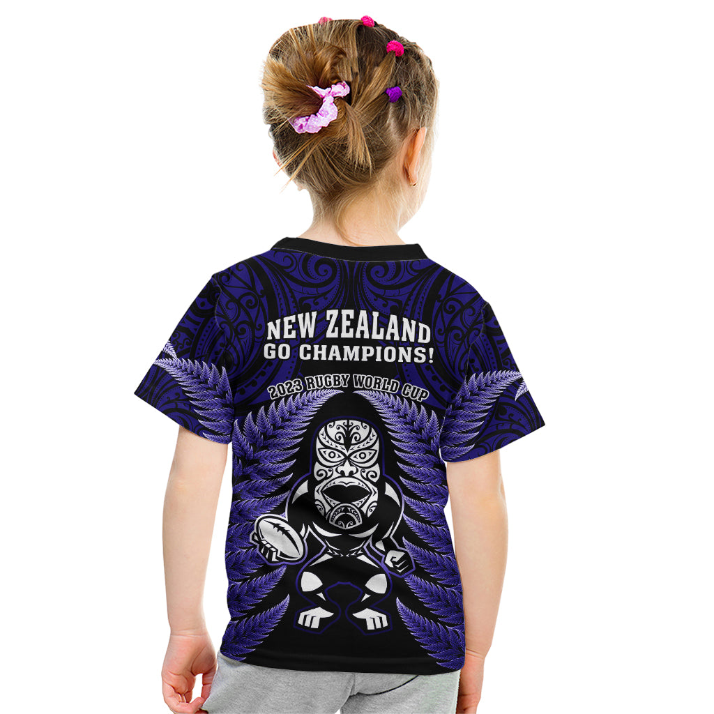 New Zealand Aotearoa Rugby Kid T Shirt NZ Tiki With Maori Fern World Cup Blue Version - Vibe Hoodie Shop