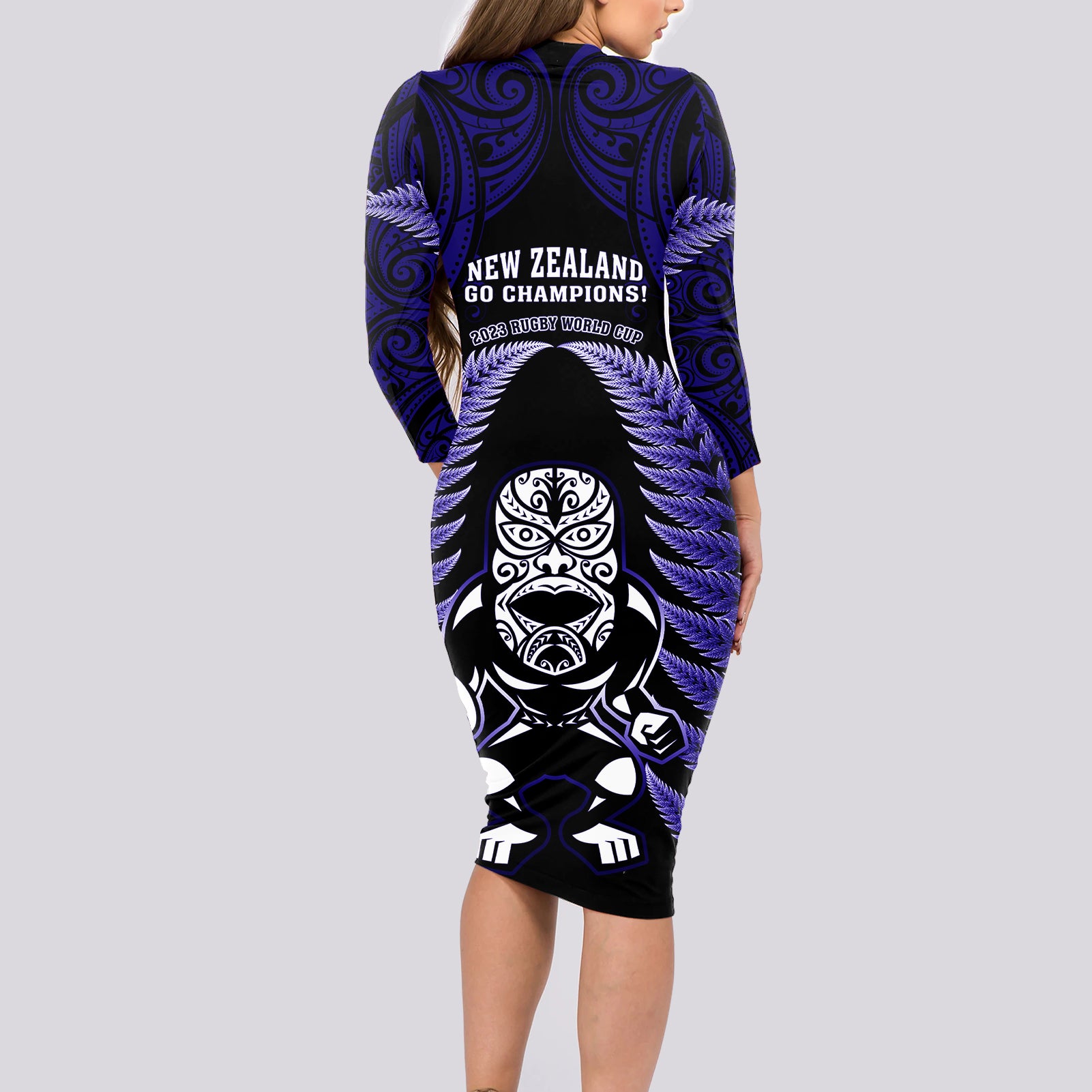 new-zealand-aotearoa-rugby-long-sleeve-bodycon-dress-nz-tiki-with-maori-fern-world-cup-blue-version