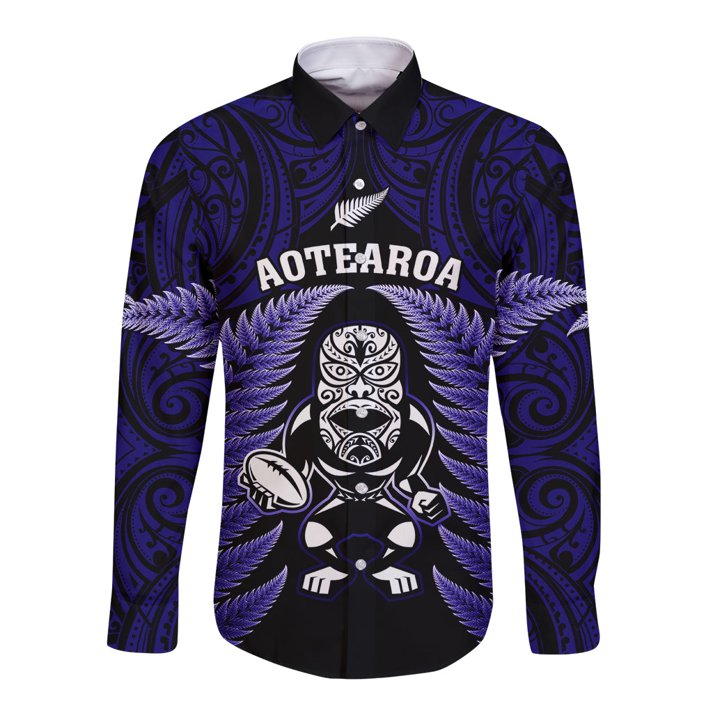 New Zealand Aotearoa Rugby Long Sleeve Button Shirt NZ Tiki With Maori Fern World Cup Blue Version - Vibe Hoodie Shop