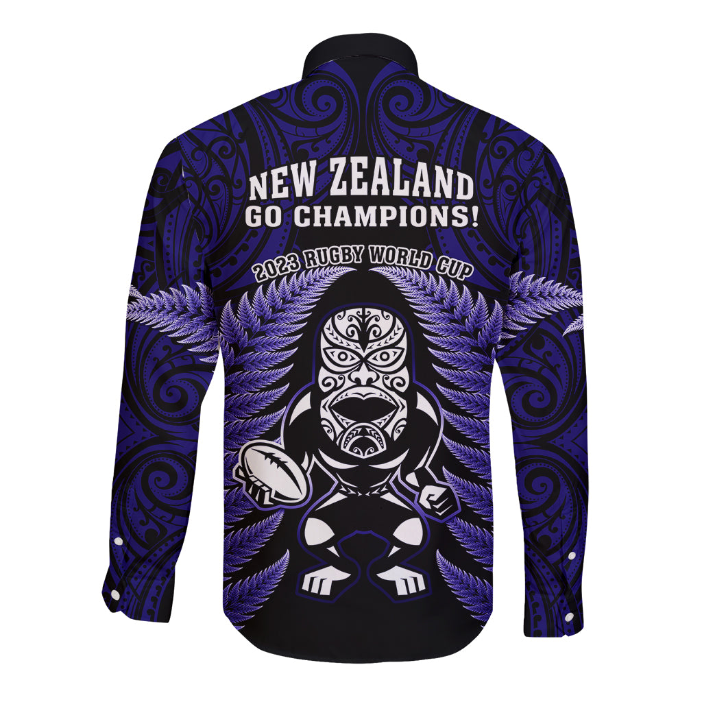 New Zealand Aotearoa Rugby Long Sleeve Button Shirt NZ Tiki With Maori Fern World Cup Blue Version - Vibe Hoodie Shop
