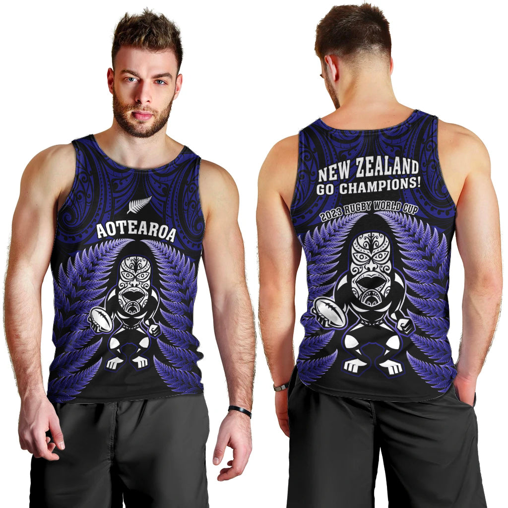 New Zealand Aotearoa Rugby Men Tank Top NZ Tiki With Maori Fern World Cup Blue Version - Vibe Hoodie Shop