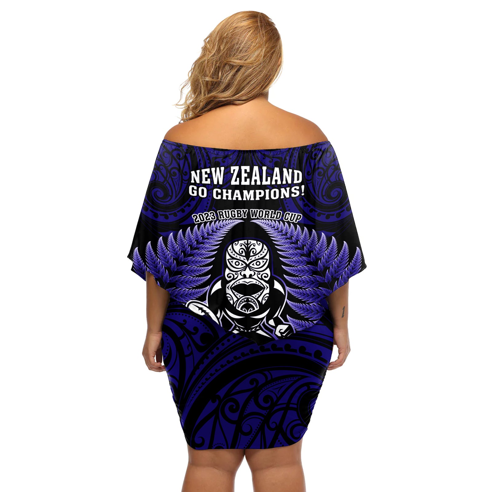 new-zealand-aotearoa-rugby-off-shoulder-short-dress-nz-tiki-with-maori-fern-world-cup-blue-version