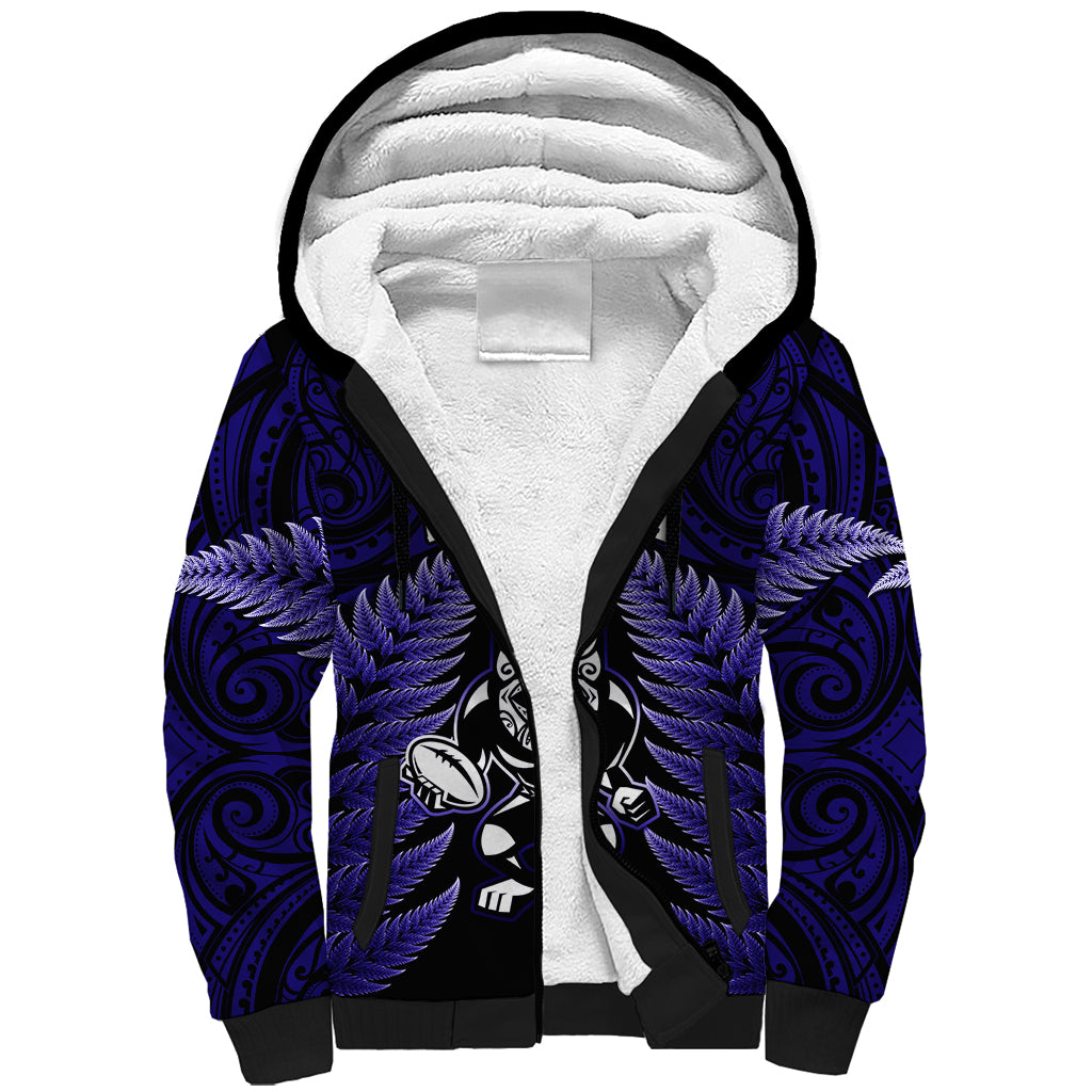 New Zealand Aotearoa Rugby Sherpa Hoodie NZ Tiki With Maori Fern World Cup Blue Version - Vibe Hoodie Shop