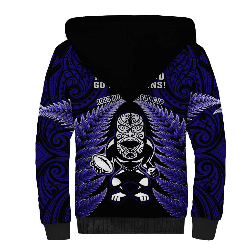 New Zealand Aotearoa Rugby Sherpa Hoodie NZ Tiki With Maori Fern World Cup Blue Version - Vibe Hoodie Shop