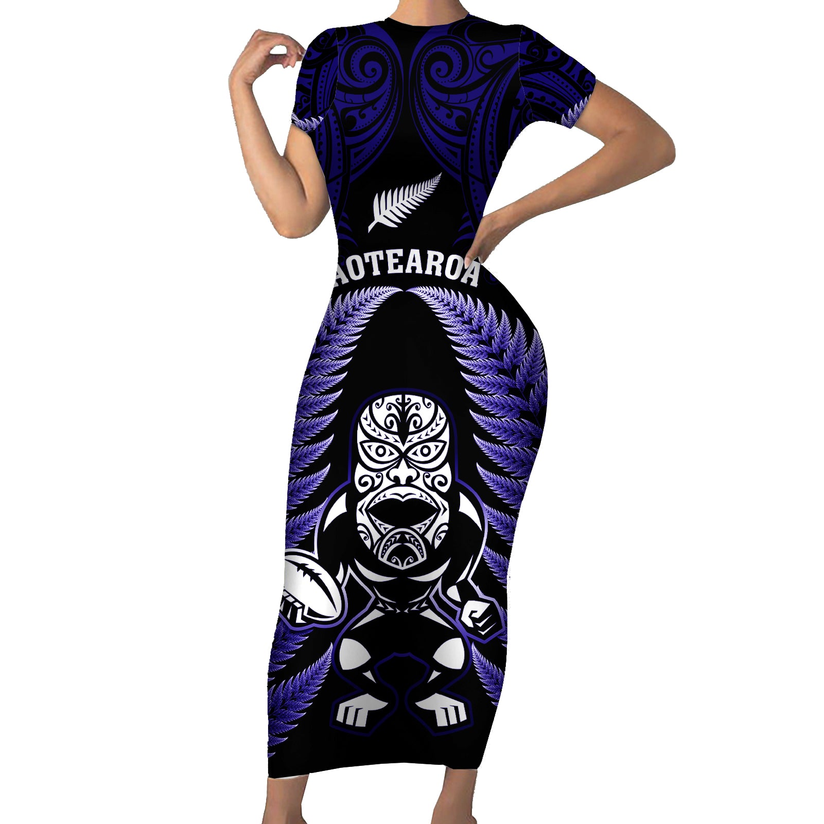 new-zealand-aotearoa-rugby-short-sleeve-bodycon-dress-nz-tiki-with-maori-fern-world-cup-blue-version