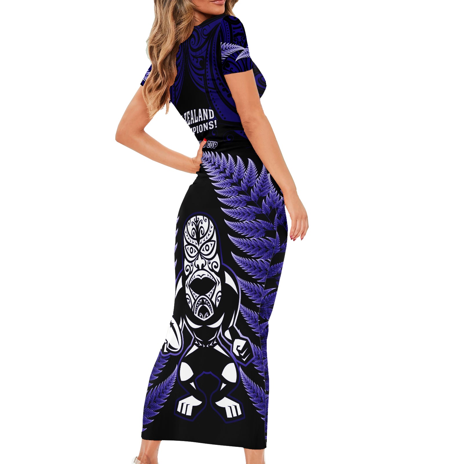 new-zealand-aotearoa-rugby-short-sleeve-bodycon-dress-nz-tiki-with-maori-fern-world-cup-blue-version