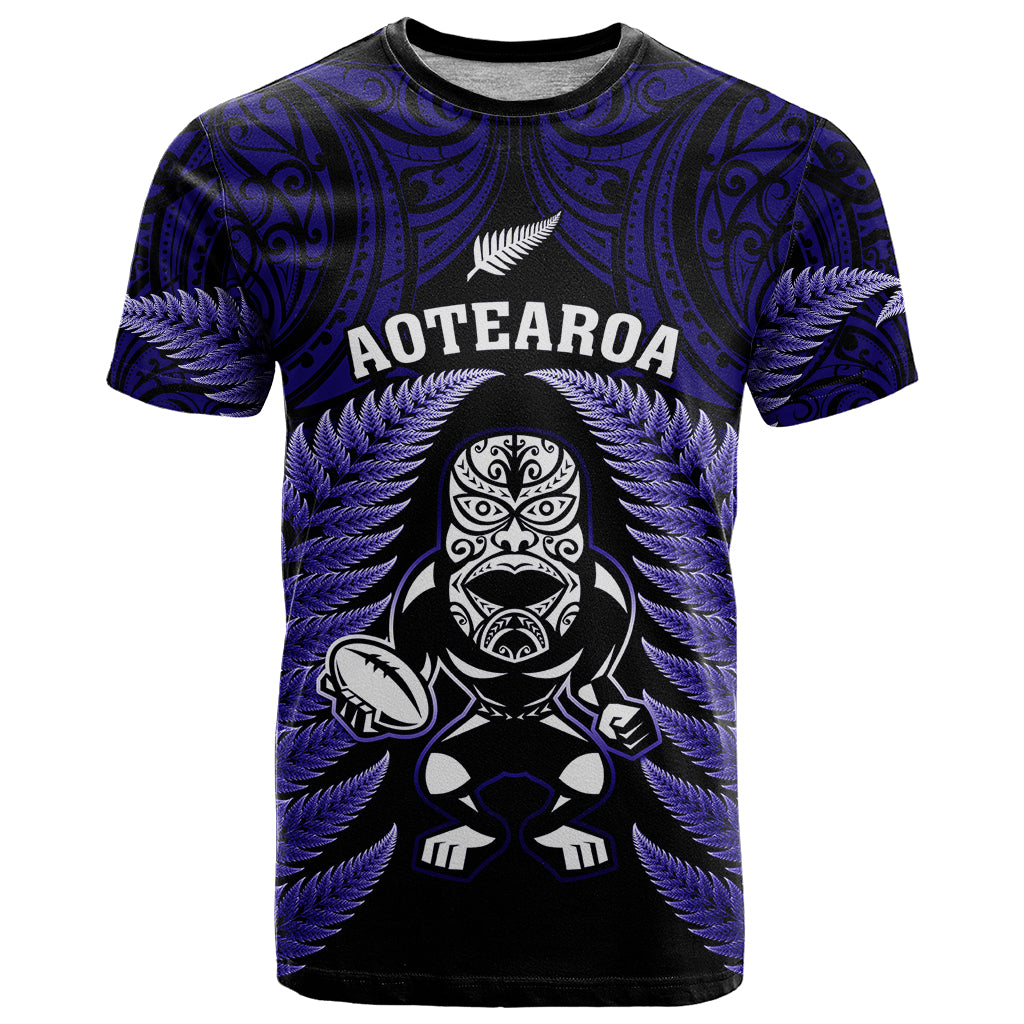 New Zealand Aotearoa Rugby T Shirt NZ Tiki With Maori Fern World Cup Blue Version - Vibe Hoodie Shop