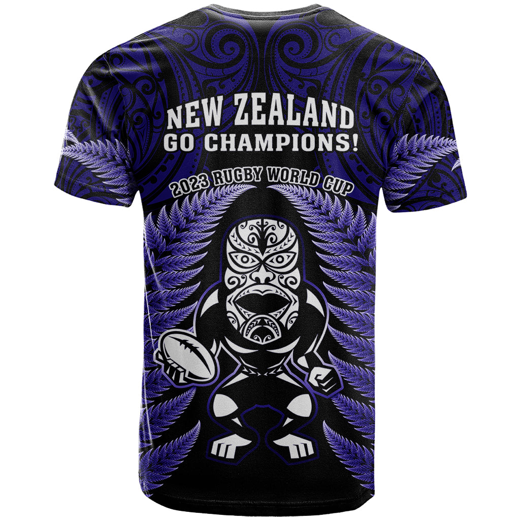 New Zealand Aotearoa Rugby T Shirt NZ Tiki With Maori Fern World Cup Blue Version - Vibe Hoodie Shop