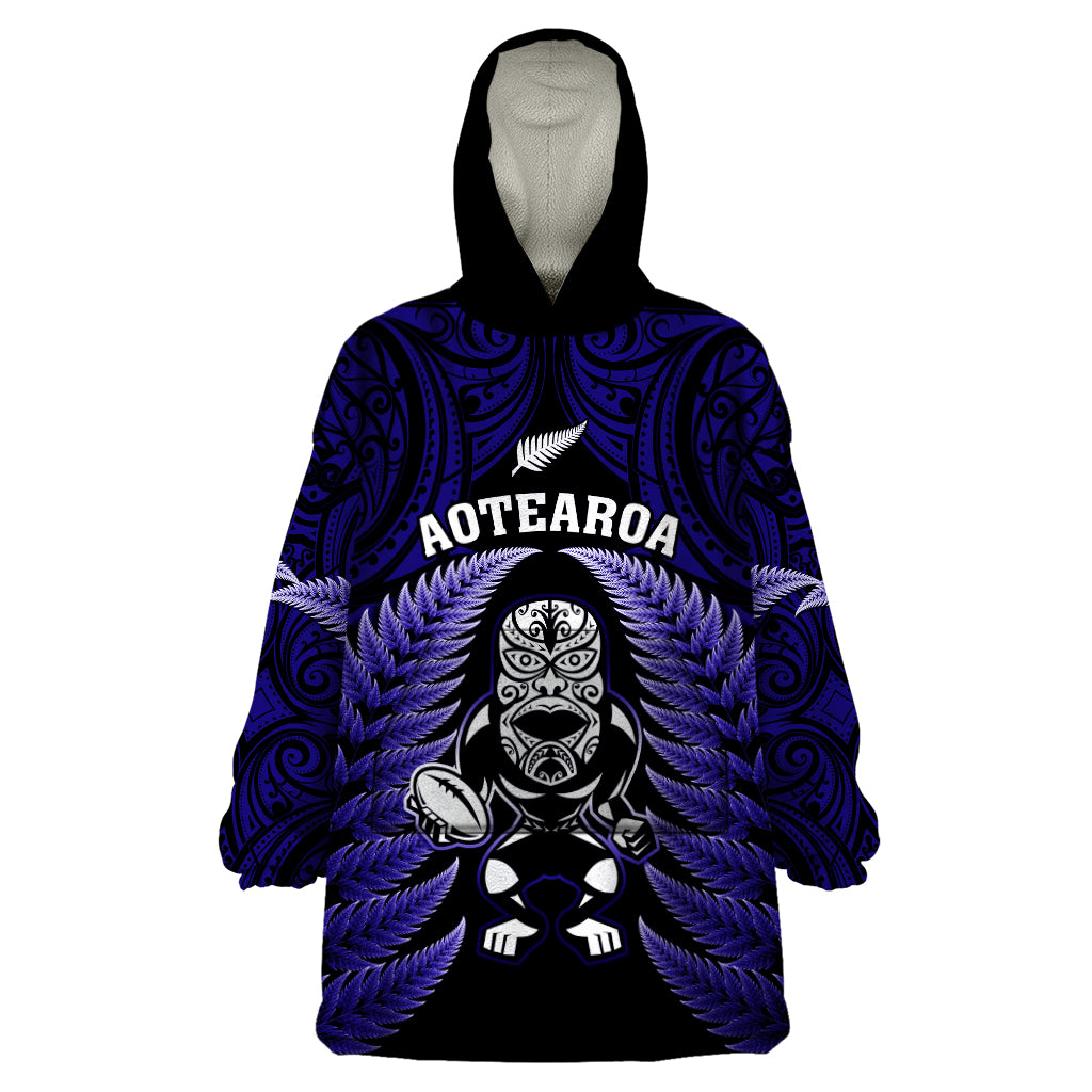 New Zealand Aotearoa Rugby Wearable Blanket Hoodie NZ Tiki With Maori Fern World Cup Blue Version - Vibe Hoodie Shop