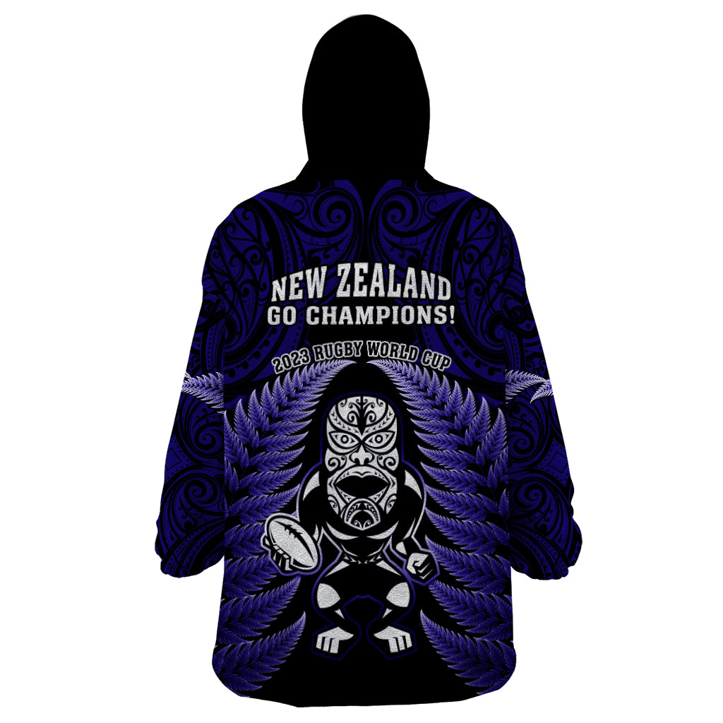 New Zealand Aotearoa Rugby Wearable Blanket Hoodie NZ Tiki With Maori Fern World Cup Blue Version - Vibe Hoodie Shop