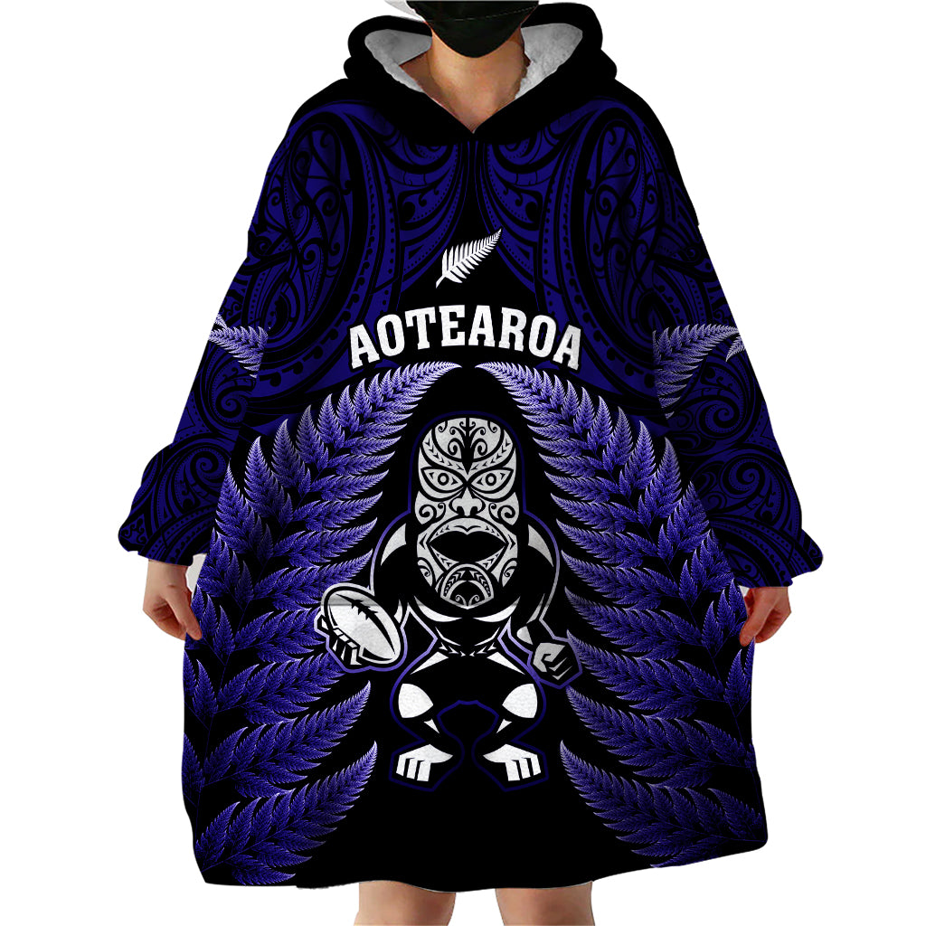 New Zealand Aotearoa Rugby Wearable Blanket Hoodie NZ Tiki With Maori Fern World Cup Blue Version - Vibe Hoodie Shop