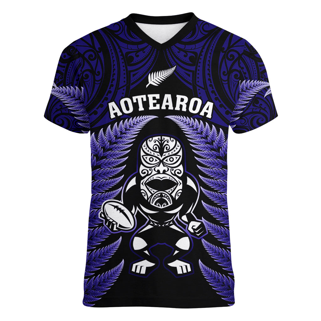 New Zealand Aotearoa Rugby Women V Neck T Shirt NZ Tiki With Maori Fern World Cup Blue Version - Vibe Hoodie Shop