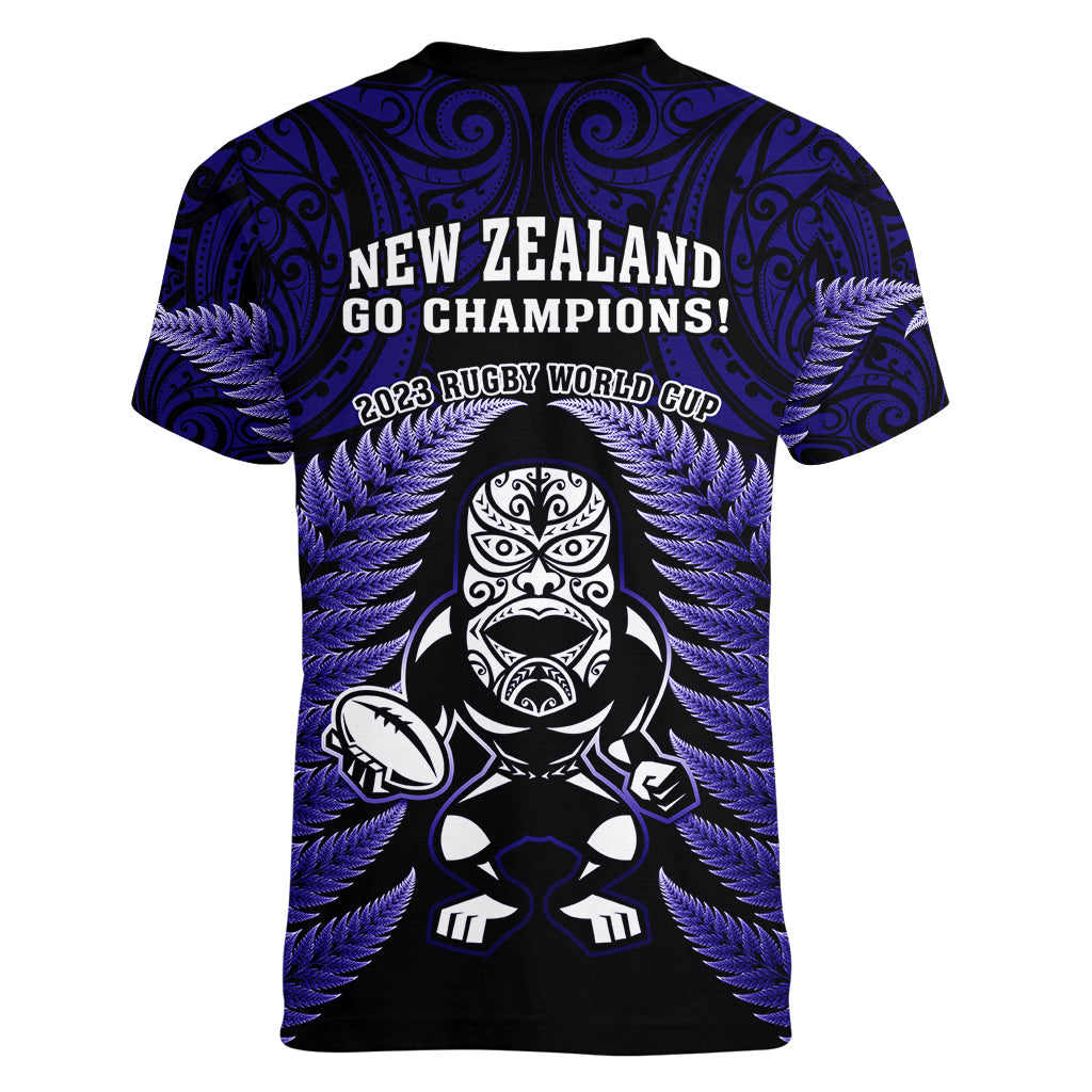 New Zealand Aotearoa Rugby Women V Neck T Shirt NZ Tiki With Maori Fern World Cup Blue Version - Vibe Hoodie Shop