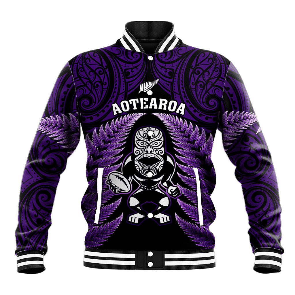New Zealand Aotearoa Rugby Baseball Jacket NZ Tiki With Maori Fern World Cup Purple Version - Vibe Hoodie Shop