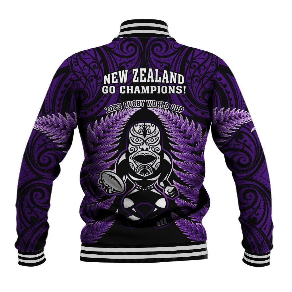 New Zealand Aotearoa Rugby Baseball Jacket NZ Tiki With Maori Fern World Cup Purple Version - Vibe Hoodie Shop