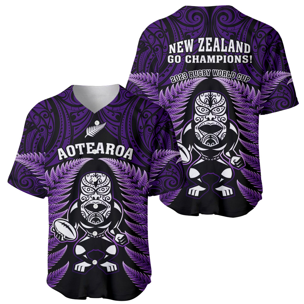 New Zealand Aotearoa Rugby Baseball Jersey NZ Tiki With Maori Fern World Cup Purple Version - Vibe Hoodie Shop
