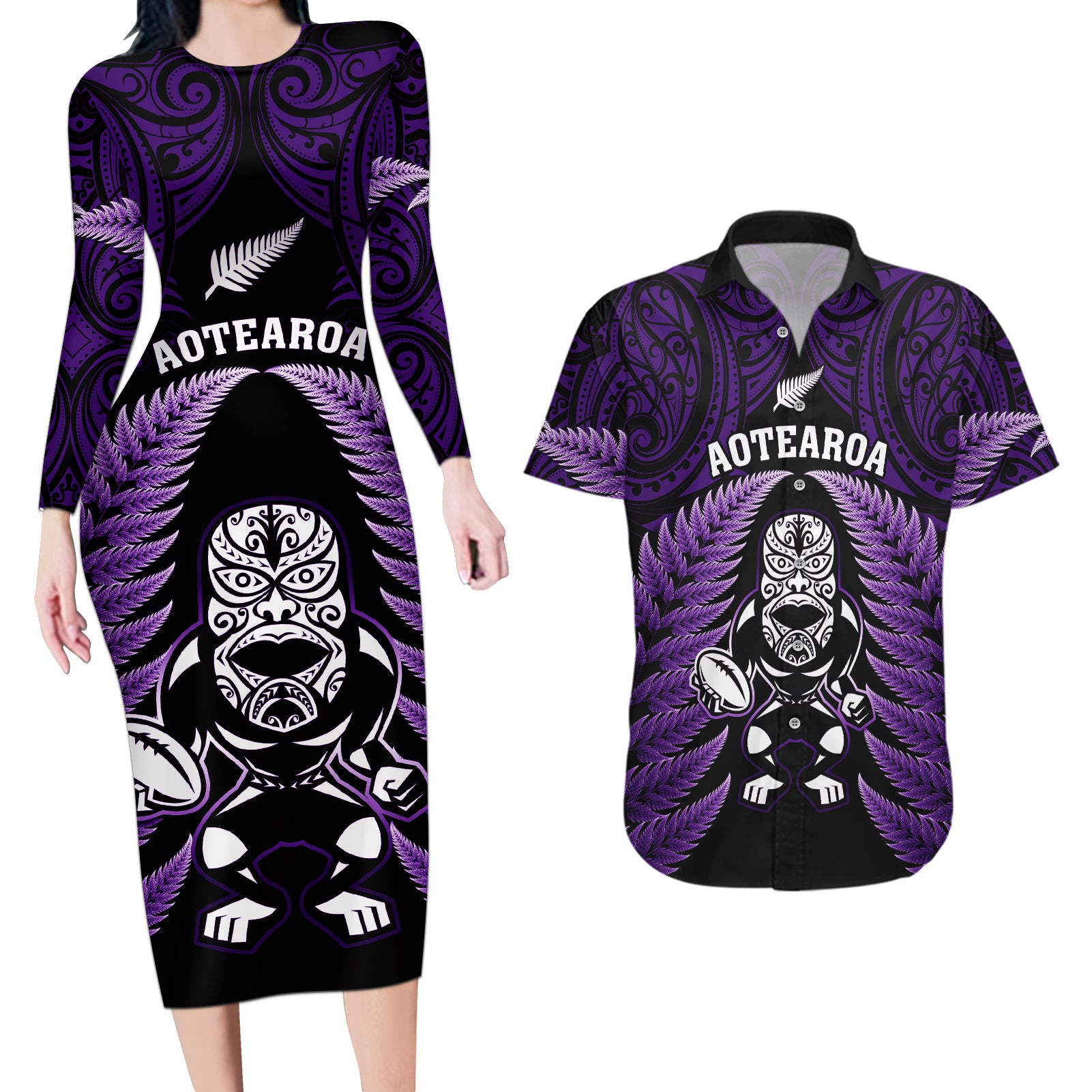 new-zealand-aotearoa-rugby-couples-matching-long-sleeve-bodycon-dress-and-hawaiian-shirt-nz-tiki-with-maori-fern-world-cup-purple-version