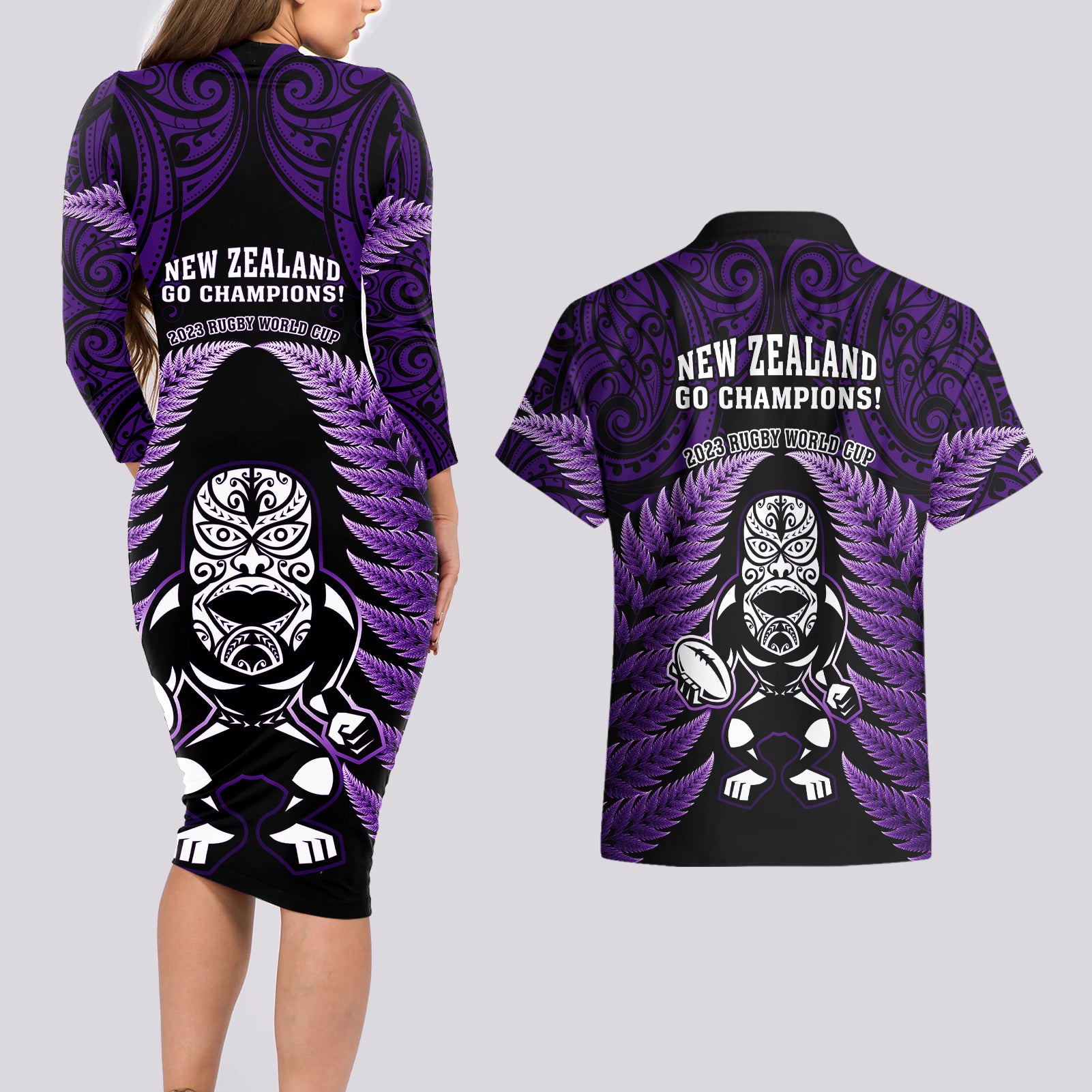 new-zealand-aotearoa-rugby-couples-matching-long-sleeve-bodycon-dress-and-hawaiian-shirt-nz-tiki-with-maori-fern-world-cup-purple-version