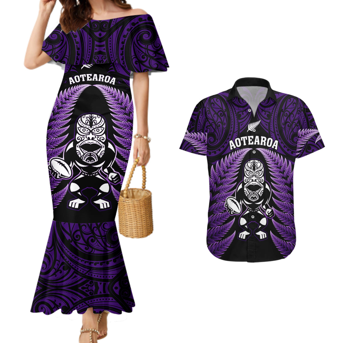 new-zealand-aotearoa-rugby-couples-matching-mermaid-dress-and-hawaiian-shirt-nz-tiki-with-maori-fern-world-cup-purple-version