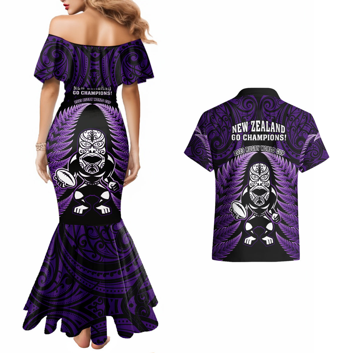 new-zealand-aotearoa-rugby-couples-matching-mermaid-dress-and-hawaiian-shirt-nz-tiki-with-maori-fern-world-cup-purple-version