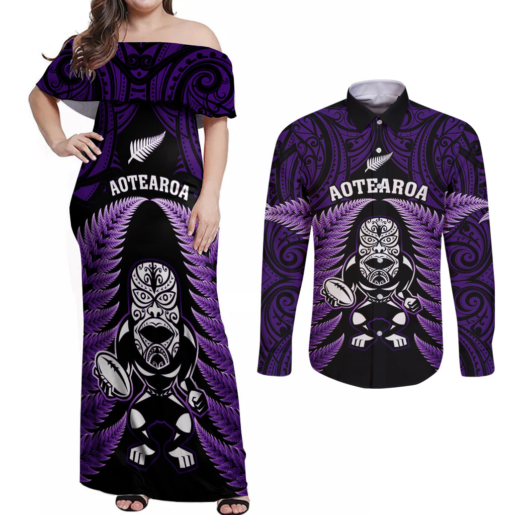 new-zealand-aotearoa-rugby-couples-matching-off-shoulder-maxi-dress-and-long-sleeve-button-shirts-nz-tiki-with-maori-fern-world-cup-purple-version
