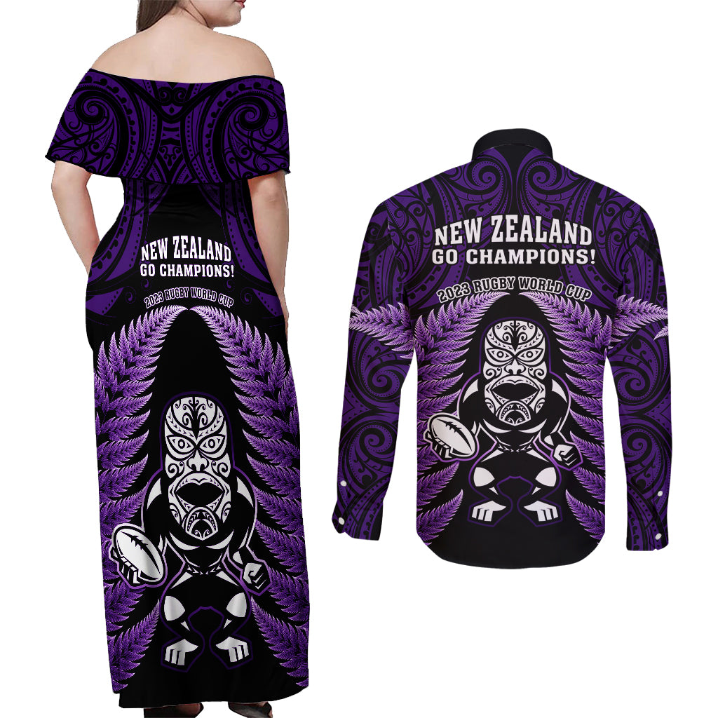 new-zealand-aotearoa-rugby-couples-matching-off-shoulder-maxi-dress-and-long-sleeve-button-shirts-nz-tiki-with-maori-fern-world-cup-purple-version