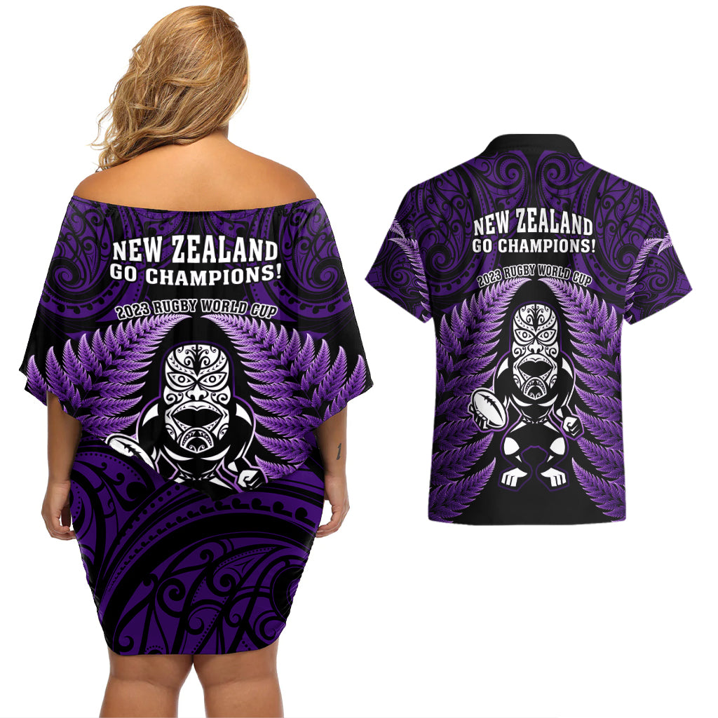 new-zealand-aotearoa-rugby-couples-matching-off-shoulder-short-dress-and-hawaiian-shirt-nz-tiki-with-maori-fern-world-cup-purple-version